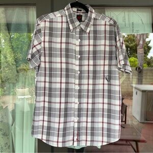 ANCHOR BLUE ~ Grey/Red Plaid Shirt with Skull at Pocket ~ Slim Fit ~ Large